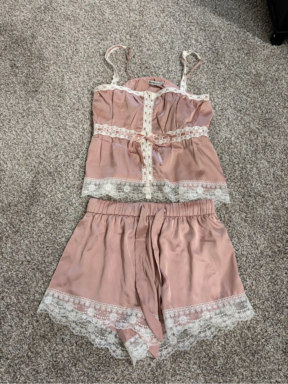 Abercrombie & Fitch Blush Pink Satin Lace-Trim Pajama Cami & Shorts Set